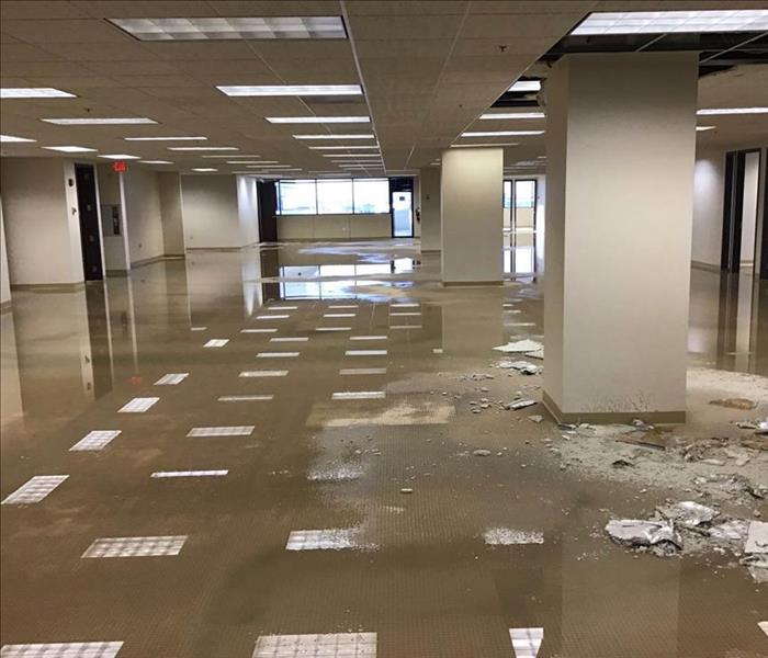 Standing water in an empty office space.
